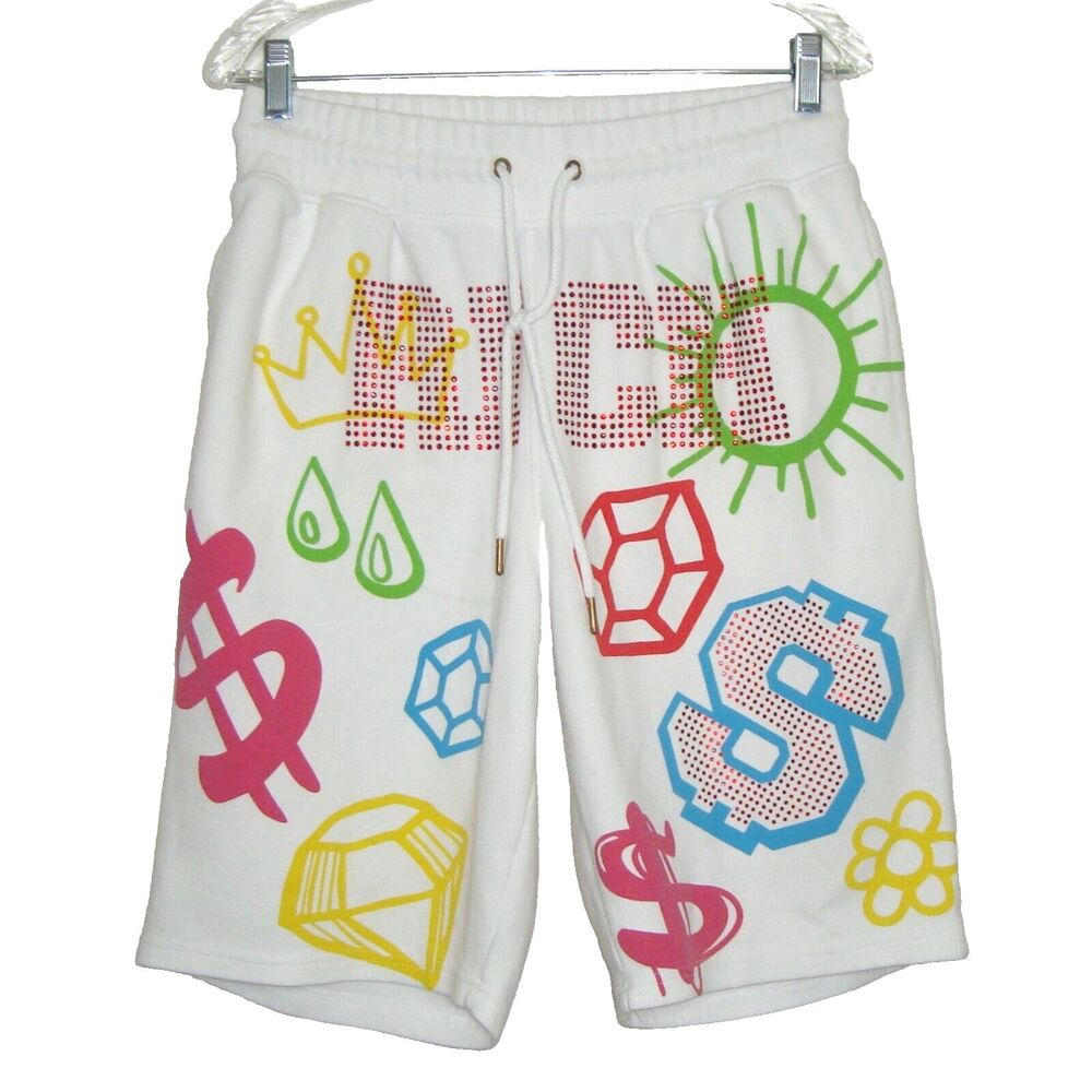 Genuine Authentic Garments Mens Graphic Print 'RICH' Embellished Shorts Size L